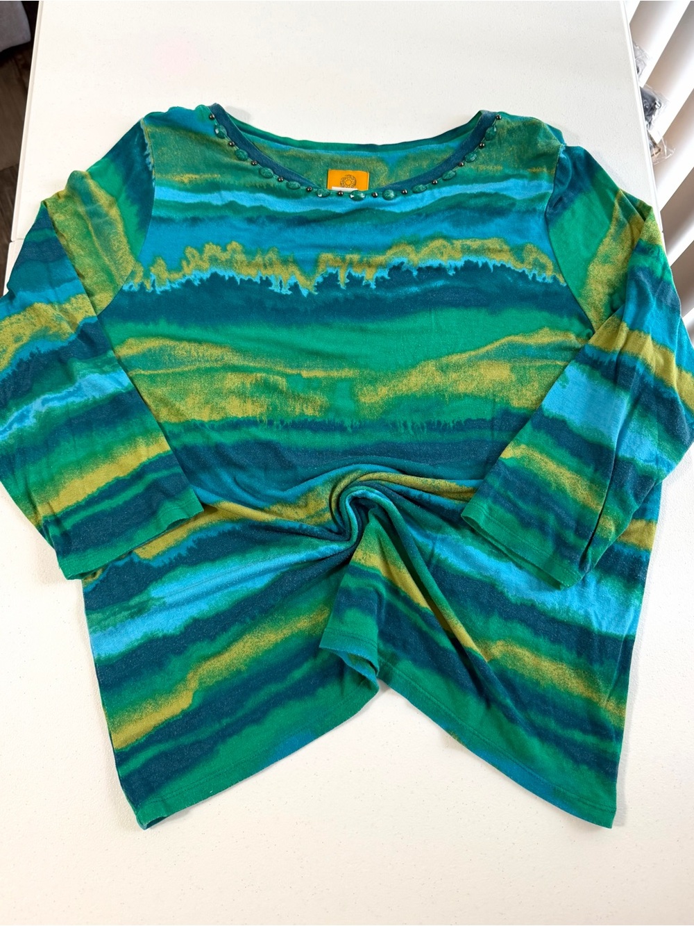 Ruby Rd. Ocean Waves Tie-Dye Beaded Neck Top T0163